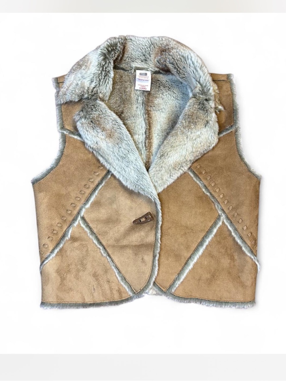 Y2K Faux Shearling Patchwork Vest Jacket - Brown